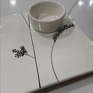 Modern White Ceramic Plate With Dipping Bowl with Black Floral Accents.